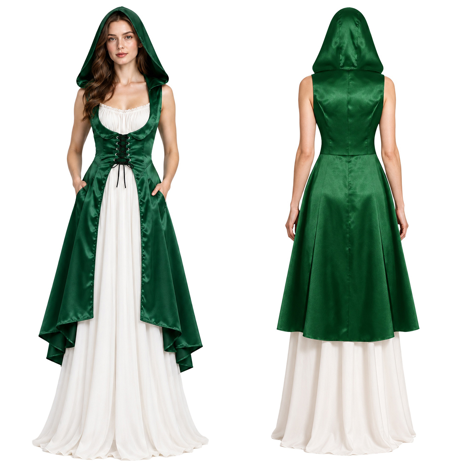 Dresses - ハロウィーンのコスプレパーティーに最適な、中世ルネサンス様式のヴィクトリア朝風コスチューム。レースアップでウエストを絞り、裾が前短後長のデザイン。サテン素材で、フード付き、バスト下まで覆うドレス。
