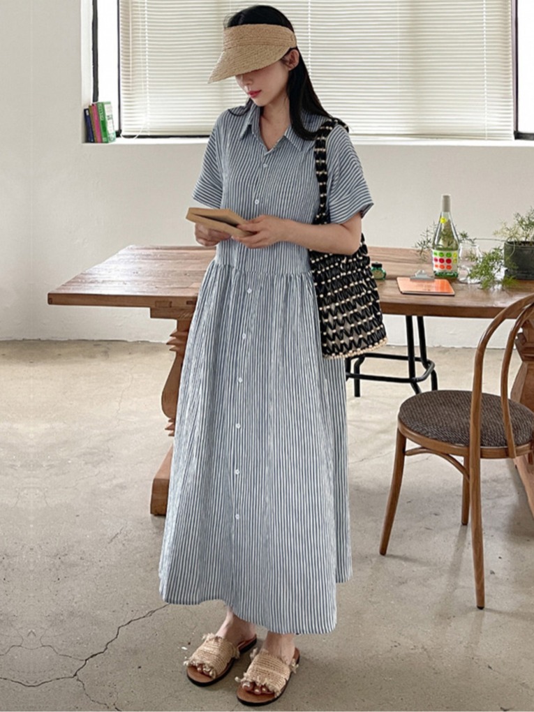 Casual Loose Linen Shirt Dress - レトロ韓国風ルーズフィットスリムストライプシャツワンピース レディースカジュアル大きいサイズ綿麻マキシスカートAラインワンピース