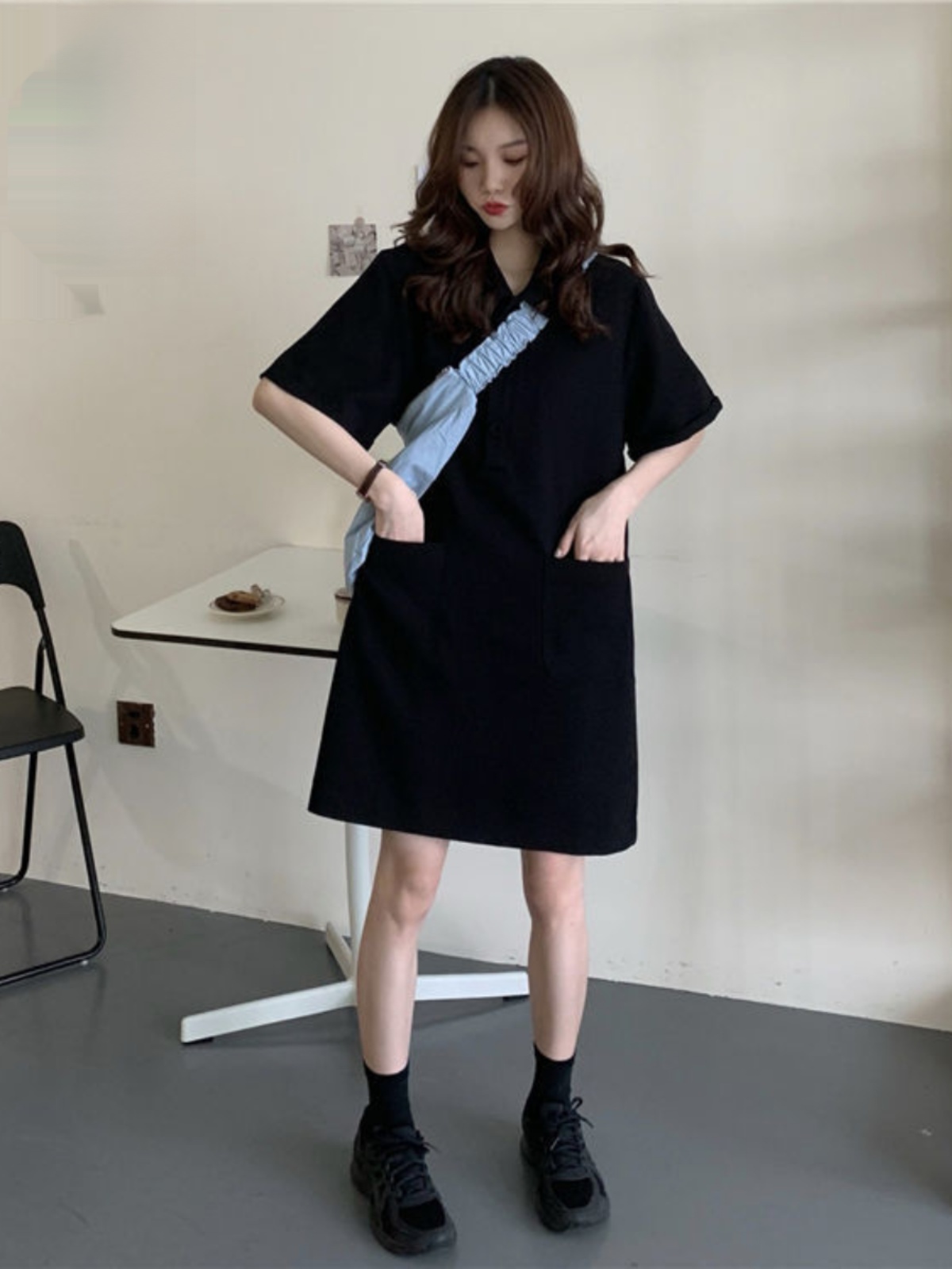 Korean Style A Line Shirt Dress - プラスサイズ A ラインドレス ポロ襟半袖サマーシャツドレス ルーズウエスト 韓国風