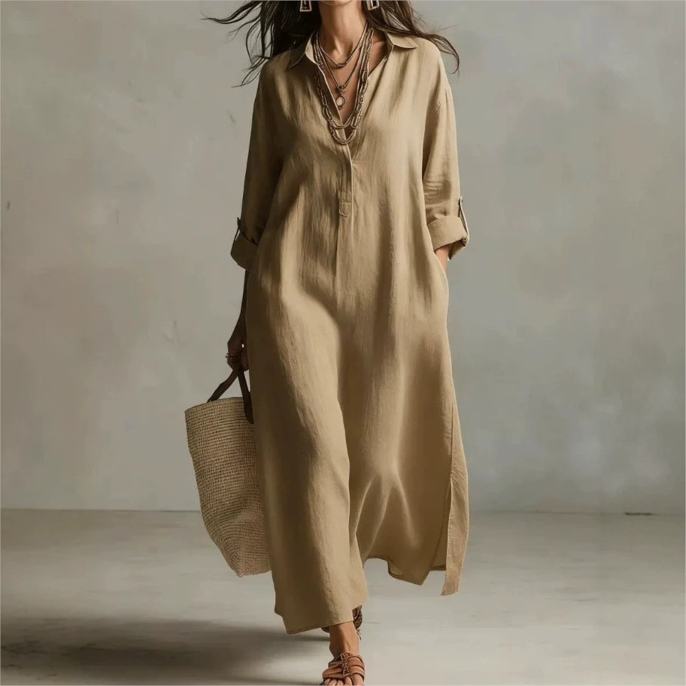 Casual Loose Linen Shirt Dress - 女性ヴィンテージリネンシャツドレスラペル襟ボタン長袖ルーズサイドポケットスプリットヘムカジュアルサマーシャツロングドレス