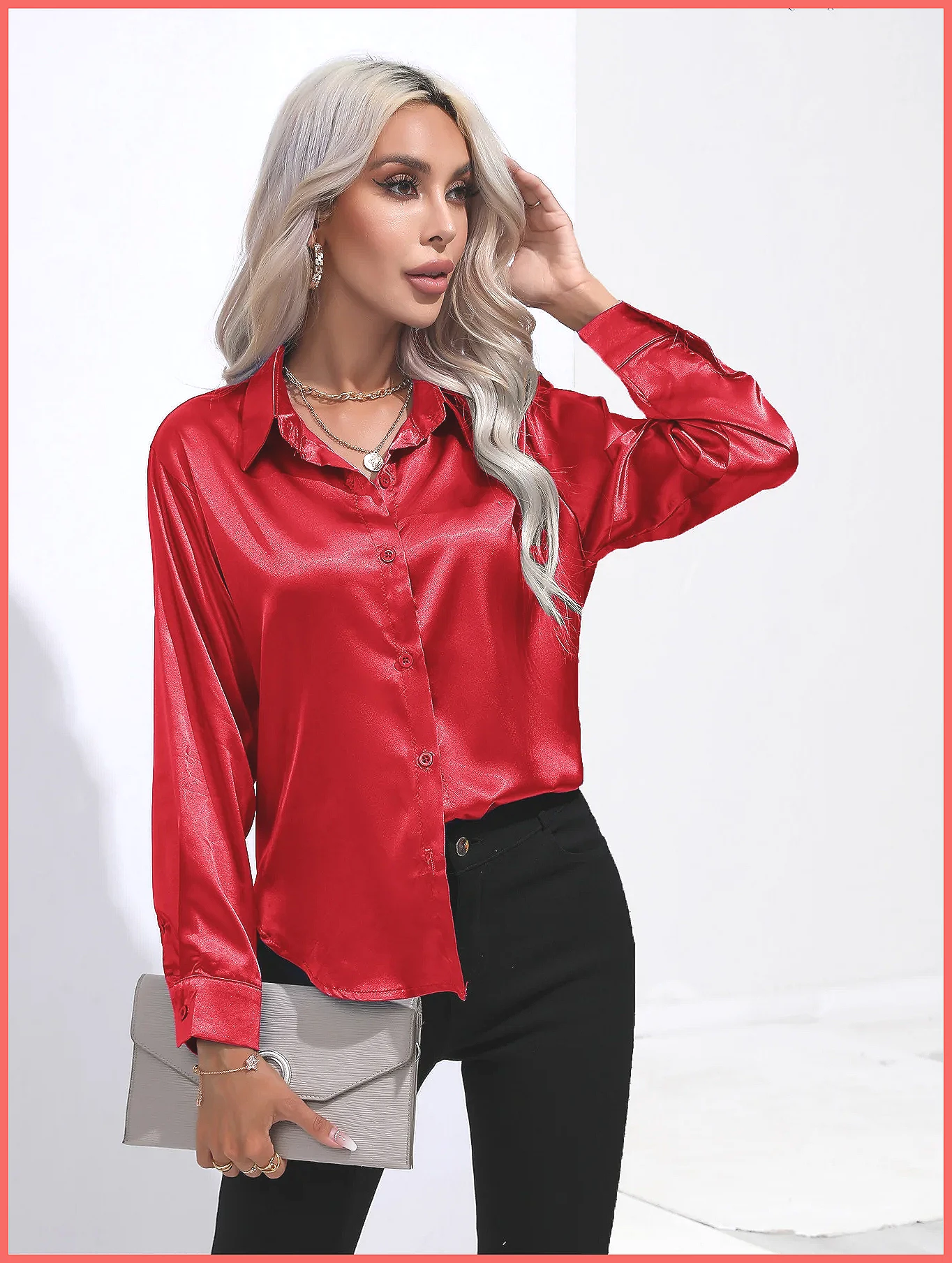 Blouses - 2025年春夏 サテンシャツ レディース Vネック 長袖 シルクブラウス