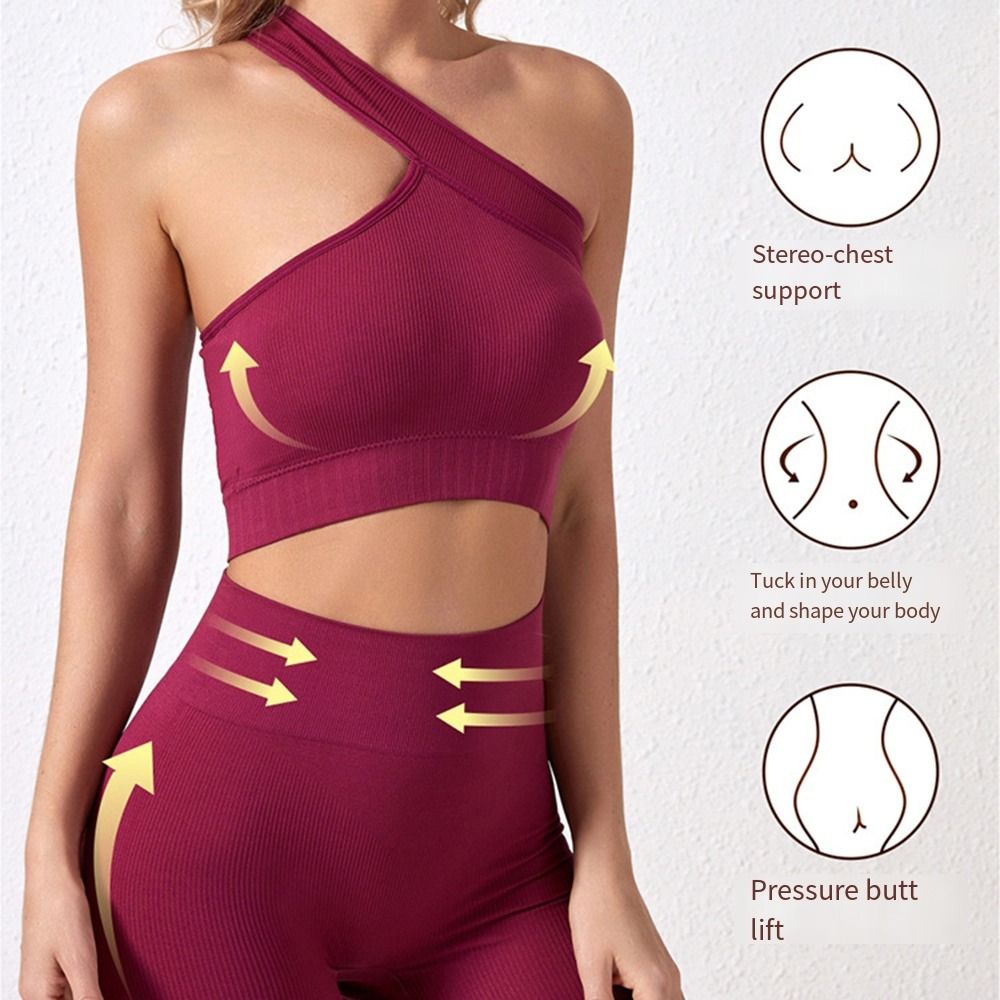 Seamless Ribbed Workout Tank Top - 2点セット、快適なシームレスデザインの女性用ワークアウトウェア。リブ編みのワンショルダータンクトップとハイウエストのスポーツブラ。ランニングに最適。