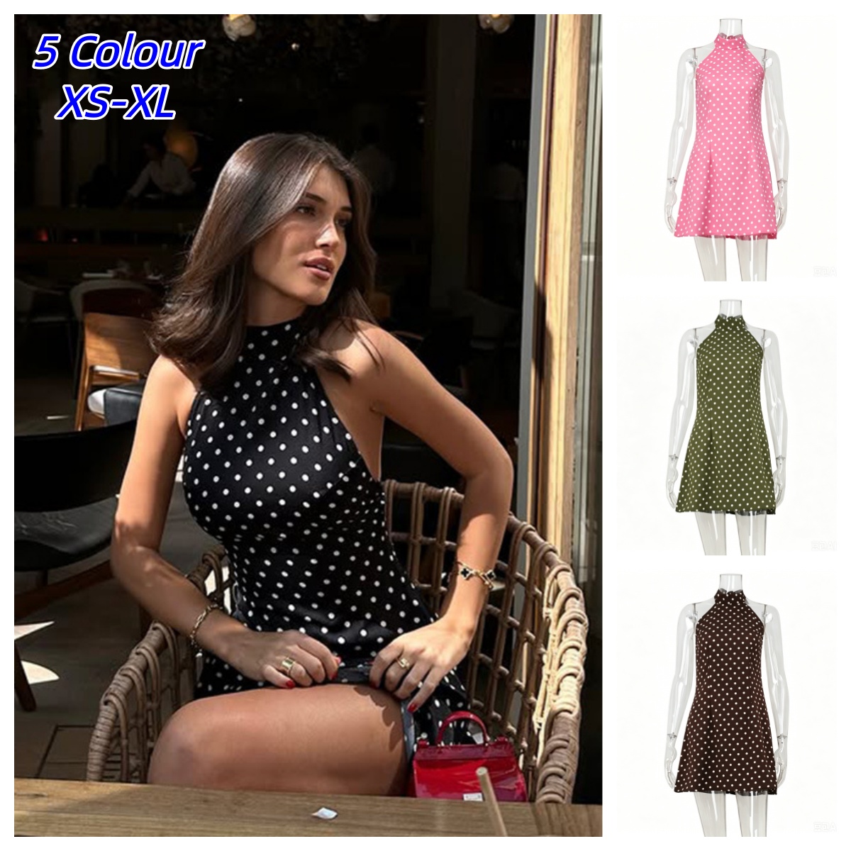Y2K Backless Halter Mini Dress - Y2K セクシーなレトロ水玉プリントホルタードレス女性のためのエレガントなパーティースリムバックレスノースリーブミニドレス夏休みの服装