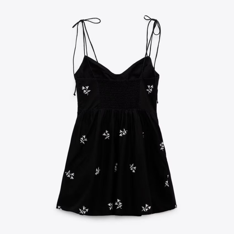 French Vintage Floral Midi Dress - 女性用ブラックドレス、タフタ、花柄刺繍、ショートフェアリードレス、Vネックノースリーブ、調節可能なストラップ、バックレス、ピュアアンドチャ