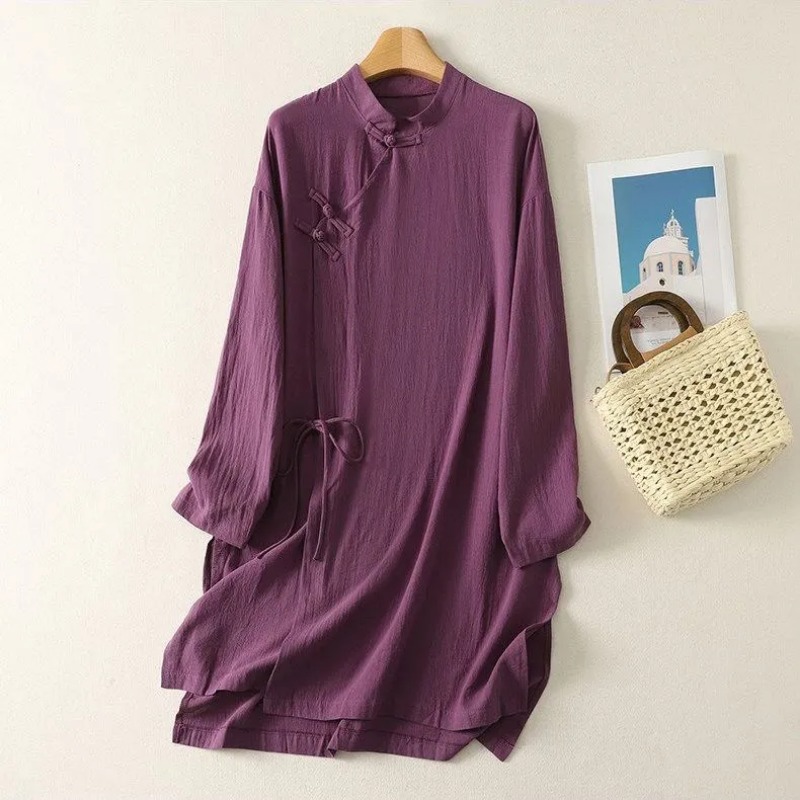 Casual Loose Linen Shirt Dress - 女性の中国風カエルボタンリネンチュニックドレススタンドカラーラップタイ長袖禅スタイルカジュアルトップ