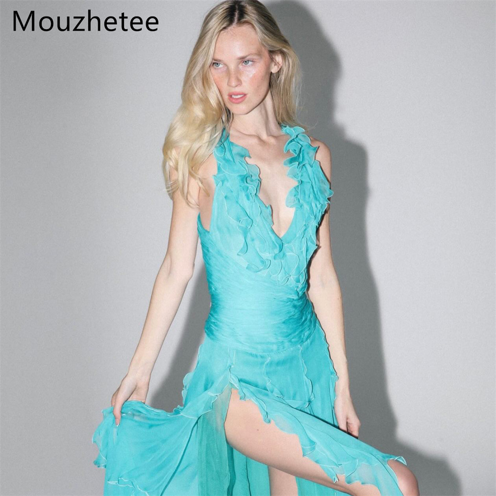 Elegant Satin Evening Gown Split - Mouzhetee シンプルな A ライン V ネックサイドスプリットイブニングドレスフォーマルパーティードレス女性のためのエレガントなプロムドレスカスタマイズ