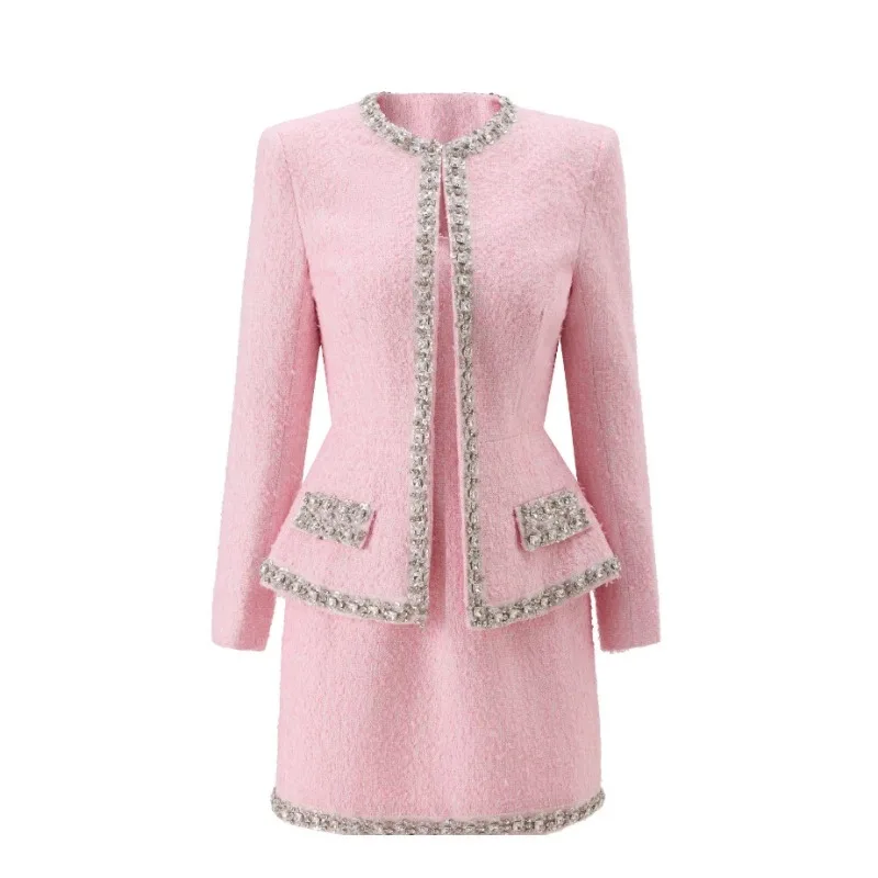 Tweed Two Piece Blazer Dress - プレミアムピンクツイード レディース ツーピースセット、ビーズ付きブレザー＆ノースリーブドレス