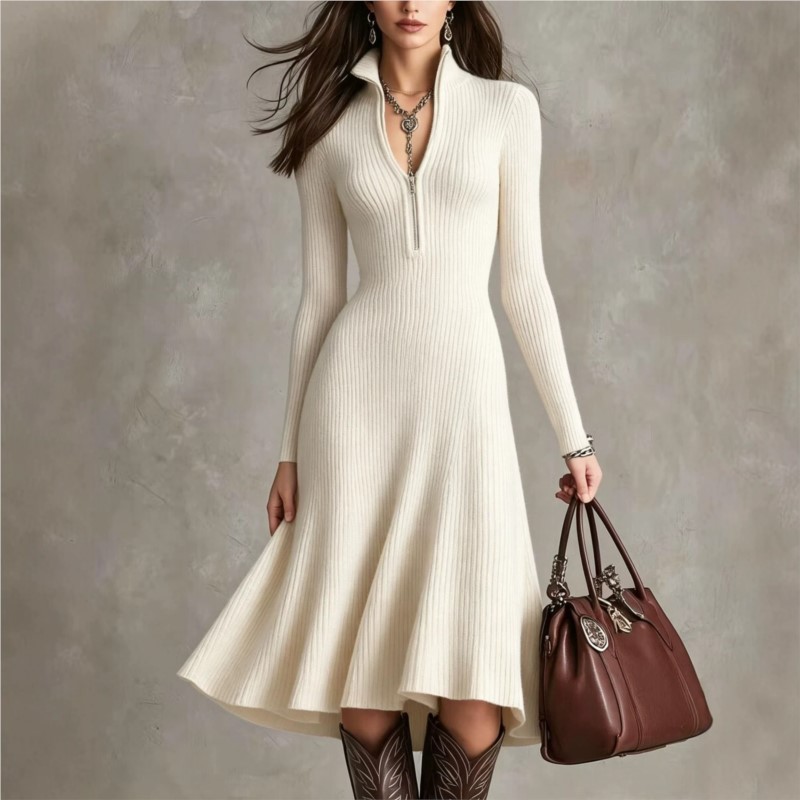 Bodycon Long Sleeve Ribbed Dress - レディース リブニット ミディ丈ドレス、秋冬ファッション、ハーフジップ、スタンドカラー、長袖、スリムフィット、ボディコン、エレガントなセーターワンピース、ベスト。