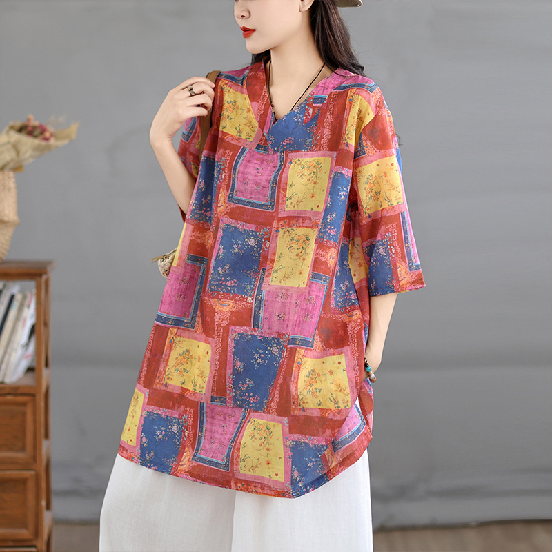 Casual Loose Linen Shirt Dress - カジュアルコットンリネンプリントレトロシャツルーズVネックミディアート風シャツワンピースサマー2026新作レディースファッション