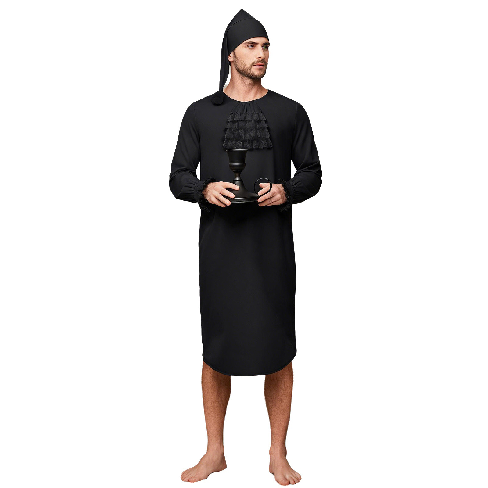 Dresses - ハロウィーンのコスプレに最適な、中世風のヴィクトリア朝夜用ガウン。長袖、レースのトリミング、フリル付きの襟、帽子とキャンドルホルダーが付属。
