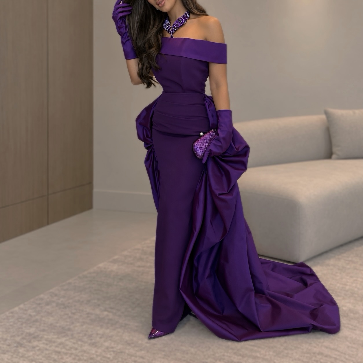 Elegant Satin Evening Gown Split - オーダーメイドのセクシーなサテン製イブニングドレス。女性用、紫色、エレガントなマーメイドシルエット、長袖、スリット入り、オフショルダーのデザインで、パーティーやプロムに最適。