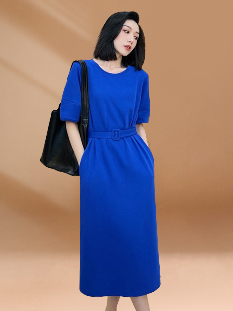 Korean Style A Line Shirt Dress - クラインブルー レディース 夏用 カジュアル ロングTシャツワンピース ウエストシェイプデザイン
