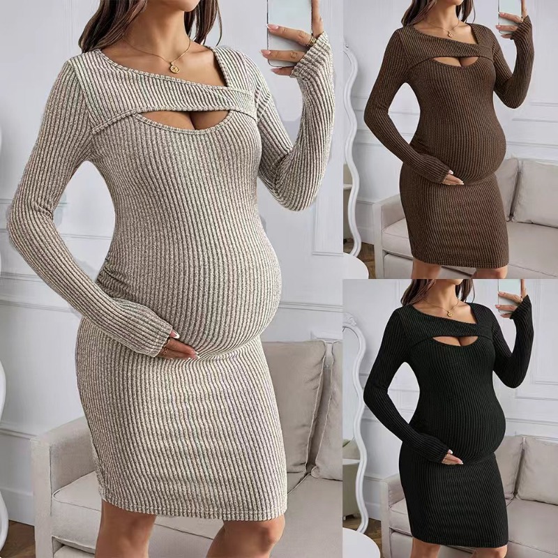 Bodycon Long Sleeve Ribbed Dress - マタニティウェア 長袖リブドレス 妊婦用 ホローアウト スリムフィット ボディコン