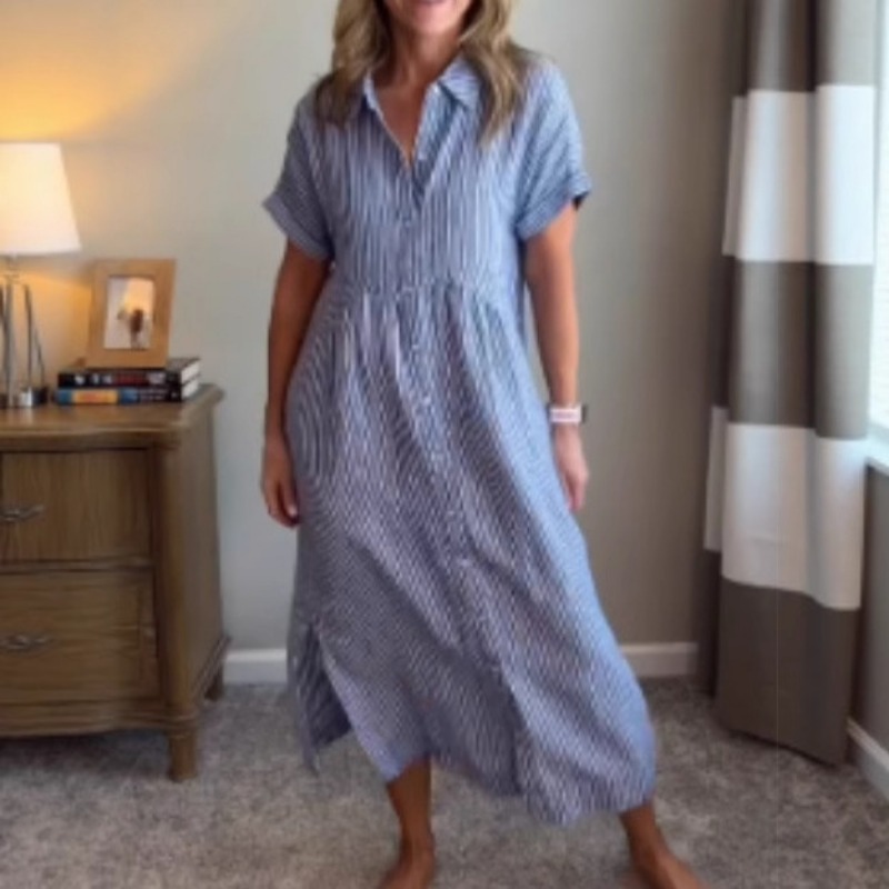 Casual Loose Linen Shirt Dress - レディースストライプシャツドレス 夏用 ルーズフィット プラスサイズ コットンリネン 半袖