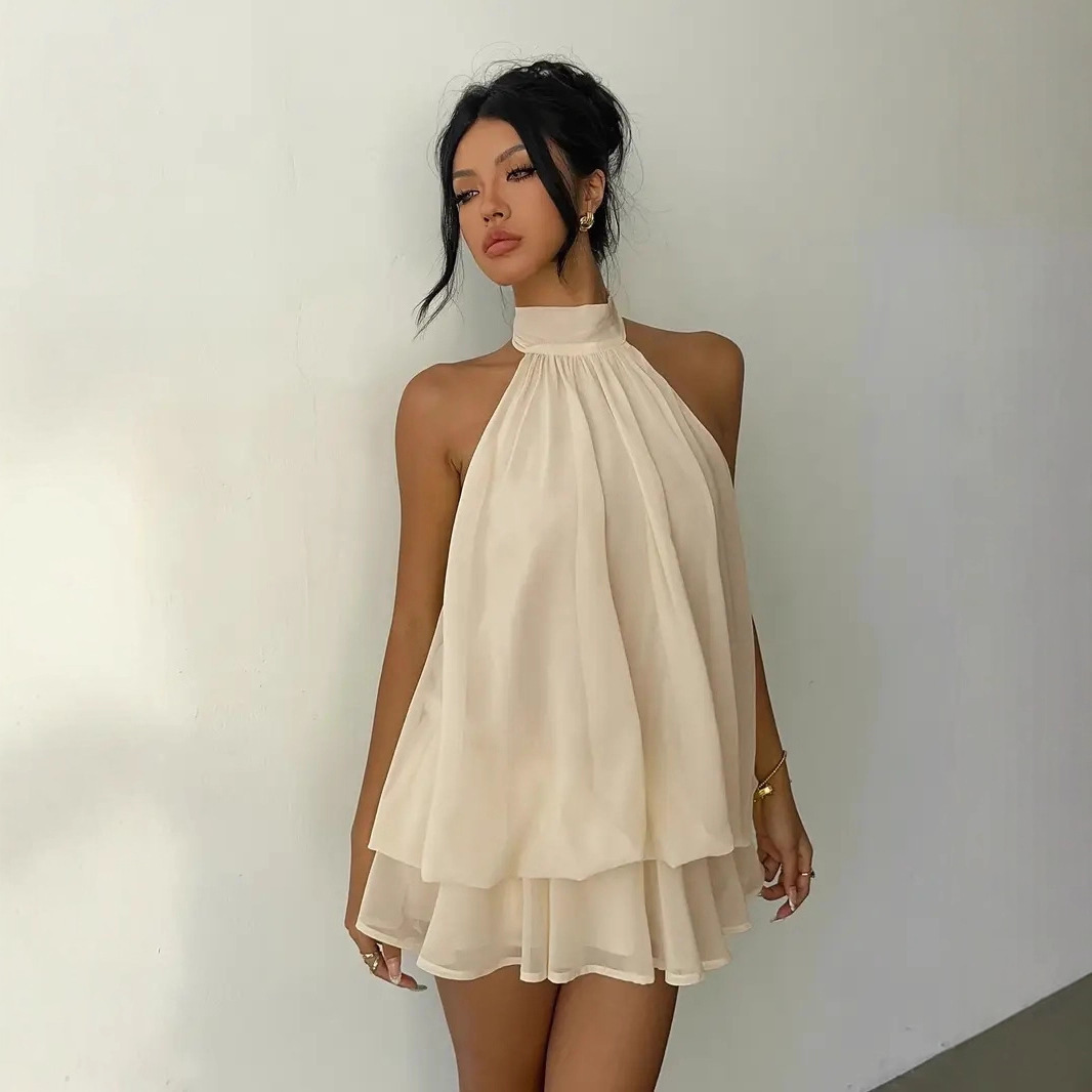 Y2K Backless Halter Mini Dress - 女性のホルターネックドレスバックレスタイフロントシフォンシアーミニスカートファッショナブルなセクシーなY2Kヴィンテージかわいいパーティー誕生日ドレス