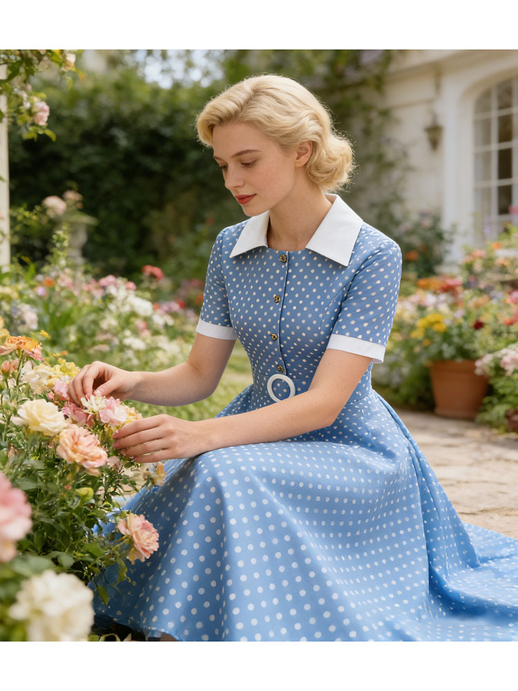 French Vintage Floral Midi Dress - ヴィンテージ レディース サマードレス 水玉模様 ピーターパンカラー 可愛い半袖