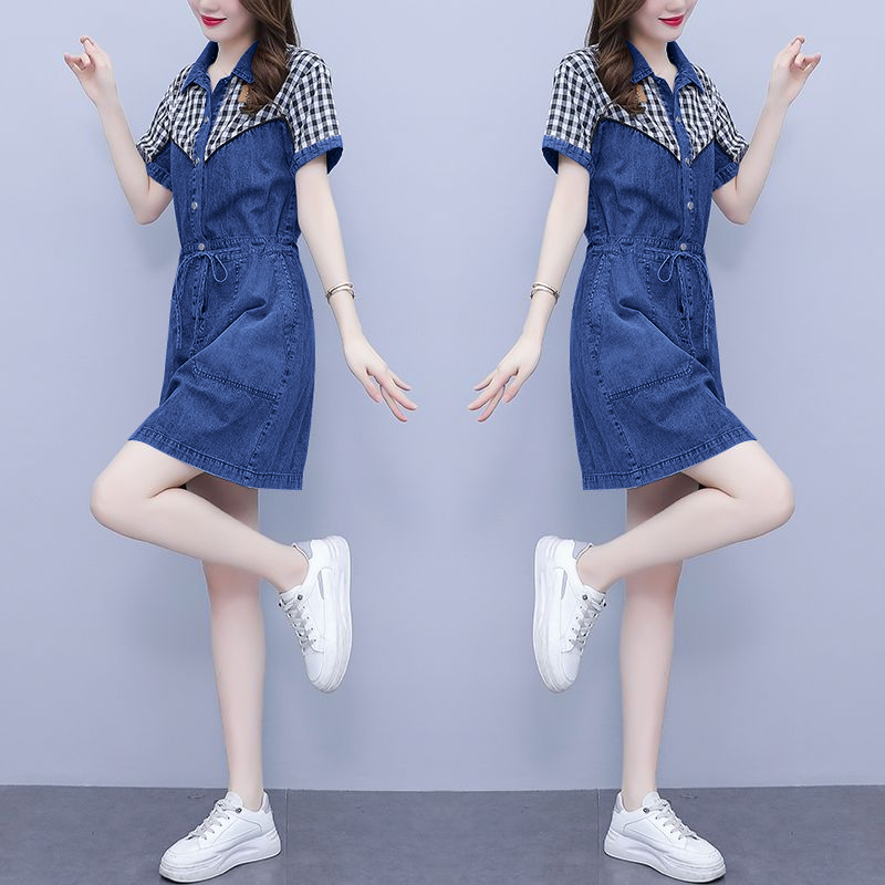Korean Style A Line Shirt Dress - プラスサイズの女性のファッションシャツ襟プリントパッチワーク痩身ドレス韓国スタイル夏新着 A ラインスカートポロ襟