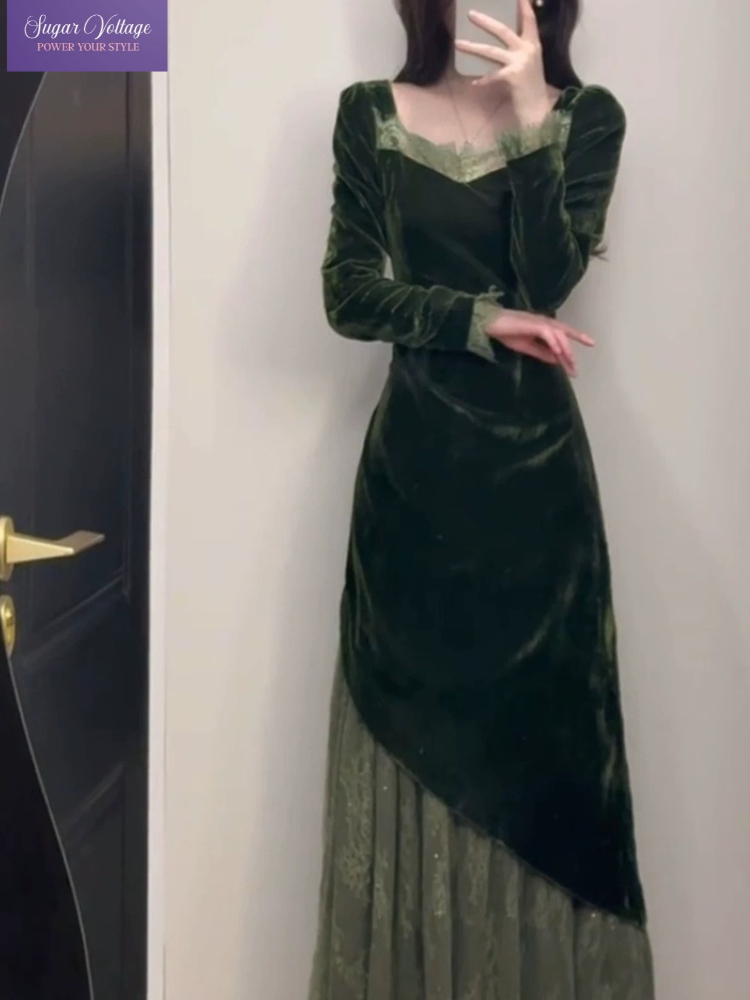 French Vintage Floral Midi Dress - フランス風ヴィンテージエレガントベルベットドレス レディース 秋 2025 グリーン スリム