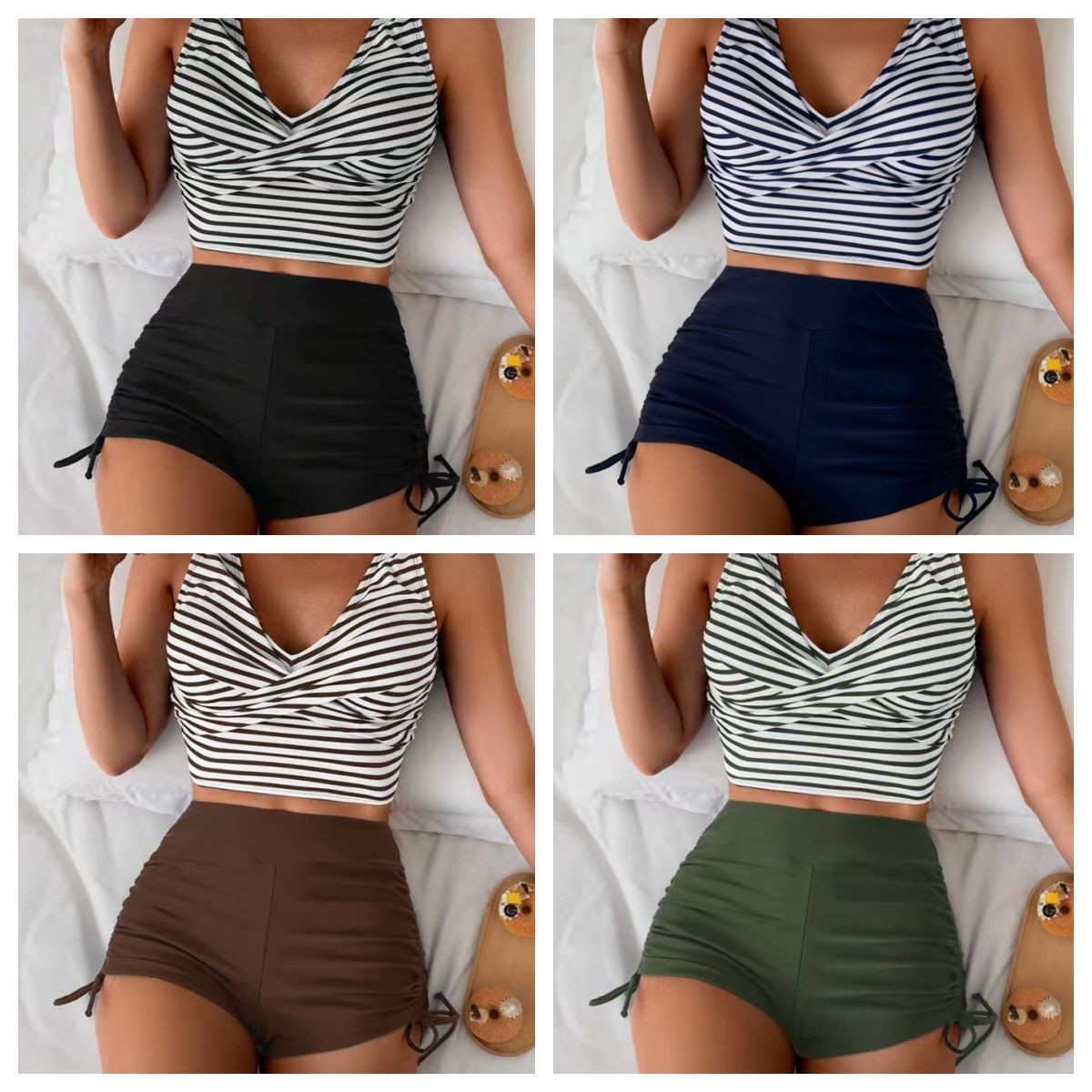 女性水着ビキニクロップトップハイウエストショーツビキニストラ - Tops のレビューと価格