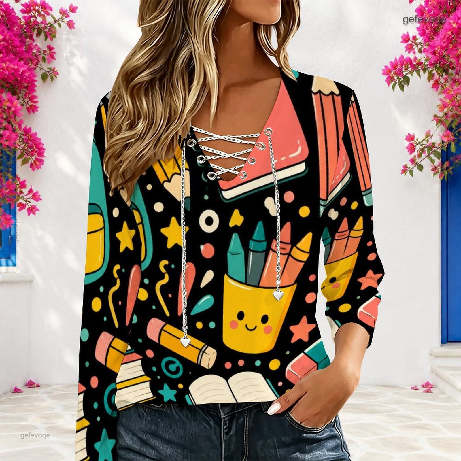 女性用Vネック長袖トップス、メタルチェーン、クロスレースアッ - Blouses のレビューと価格