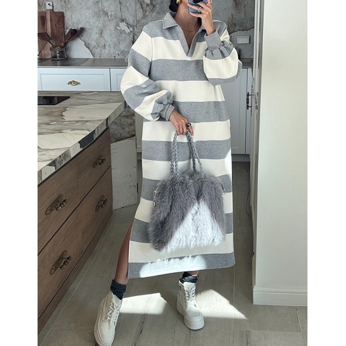 ファッショナブルな韓国レトロストライプロングスウェットシャツ - Skirts のレビューと価格