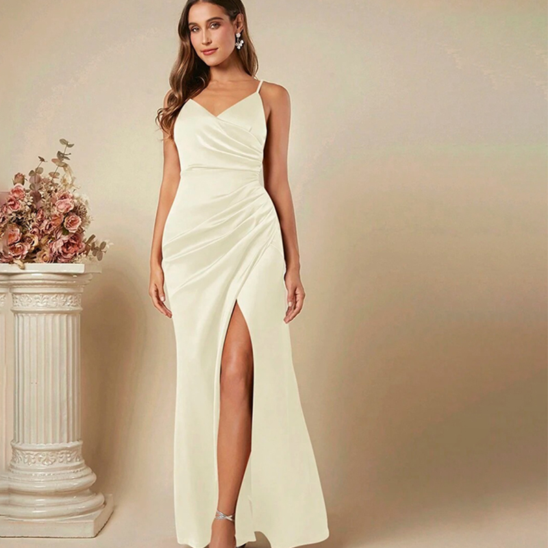 女性エレガントなサテンサスペンダードレス 2025 夏の新セ - Elegant Satin Evening Gown Split のレビューと価格