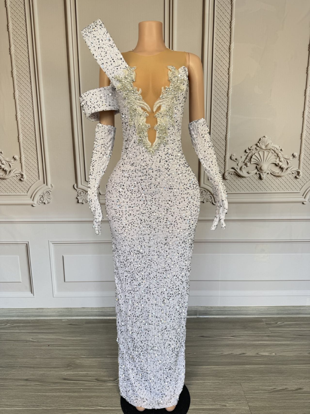 キラキラ輝くラインストーン付きディープVネックロングドレス  - Sparkly Rhinestone Club Party Dress のレビューと価格
