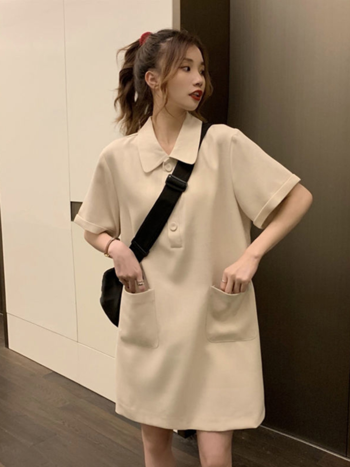 プラスサイズ A ラインドレス ポロ襟半袖サマーシャツドレス - Korean Style A Line Shirt Dress のレビューと価格