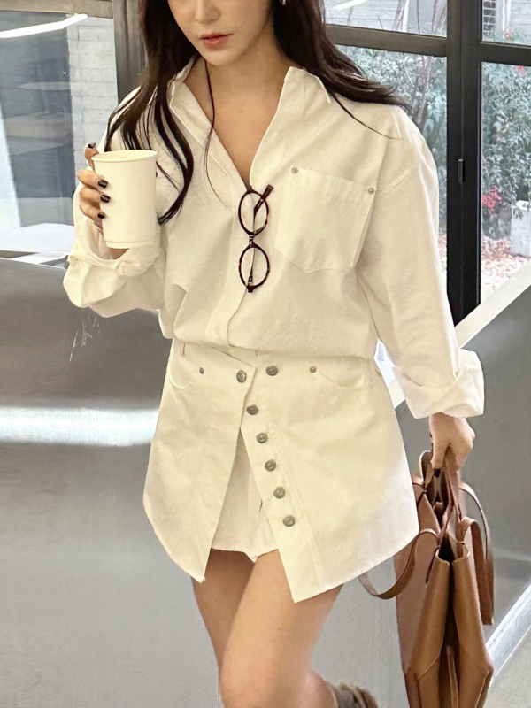 白いシャツワンピース レディース 韓国ファッション プラケッ - Korean Style A Line Shirt Dress のレビューと価格