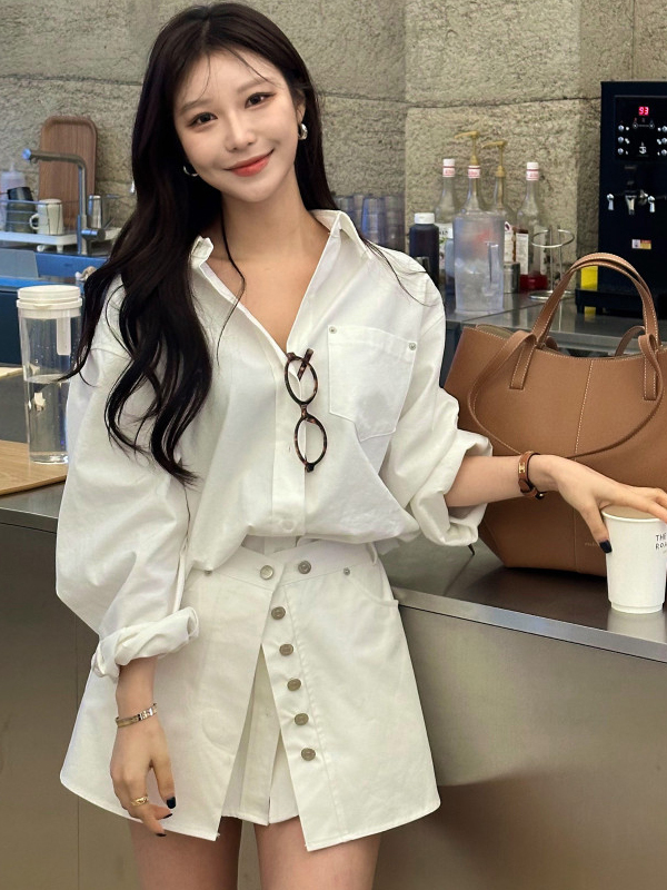 白いシャツワンピース レディース 韓国ファッション プラケッ - Korean Style A Line Shirt Dress のレビューと価格