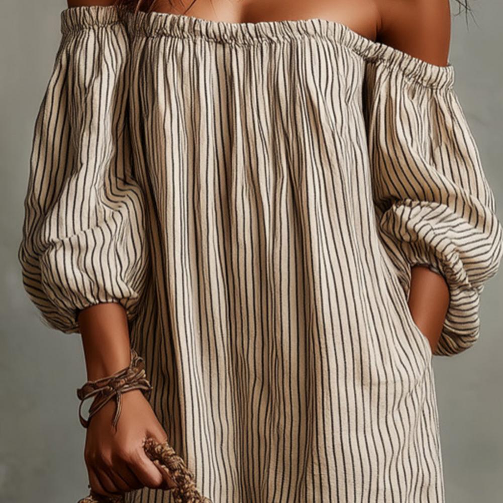 春夏の女性のオフショルダーマキシドレスストライプパフロングド - Off Shoulder Puff Sleeve Sundress のレビューと価格