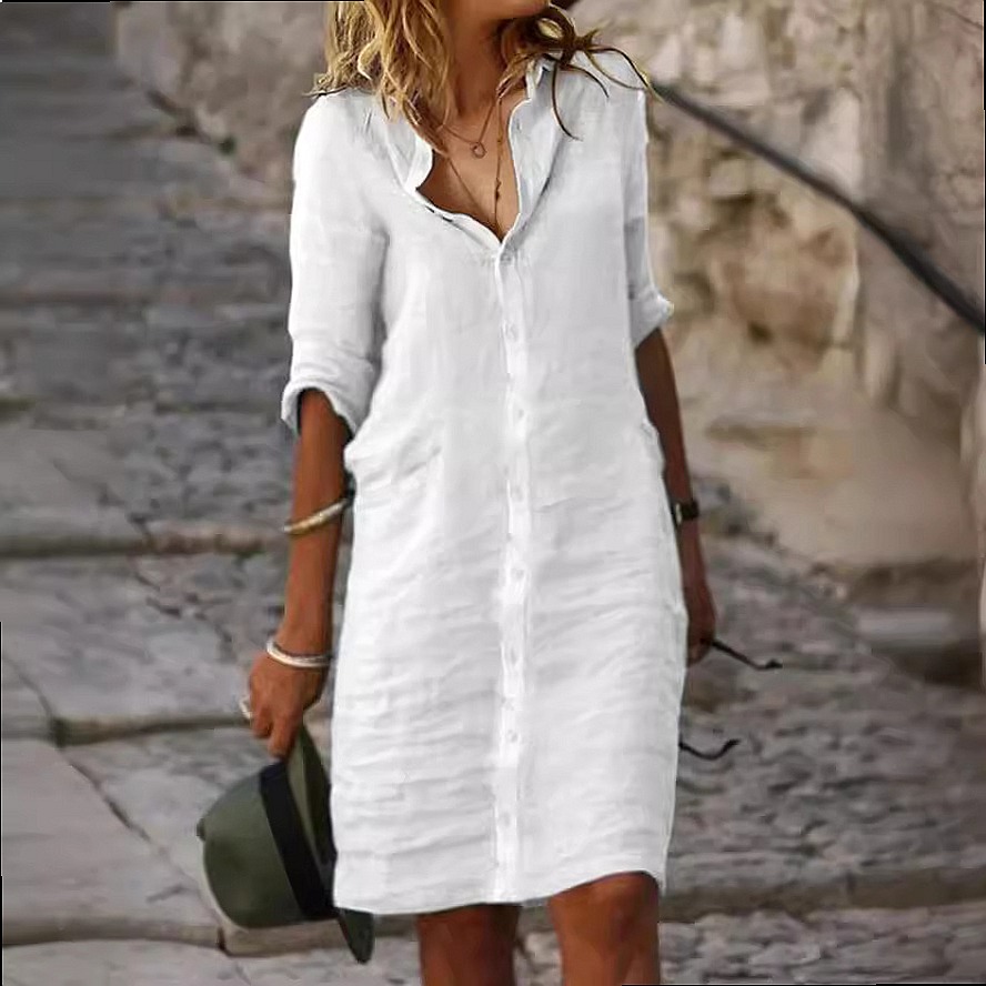 ルーズフィット ボタンダウン ミディシャツドレス コットンリ - Casual Loose Linen Shirt Dress のレビューと価格