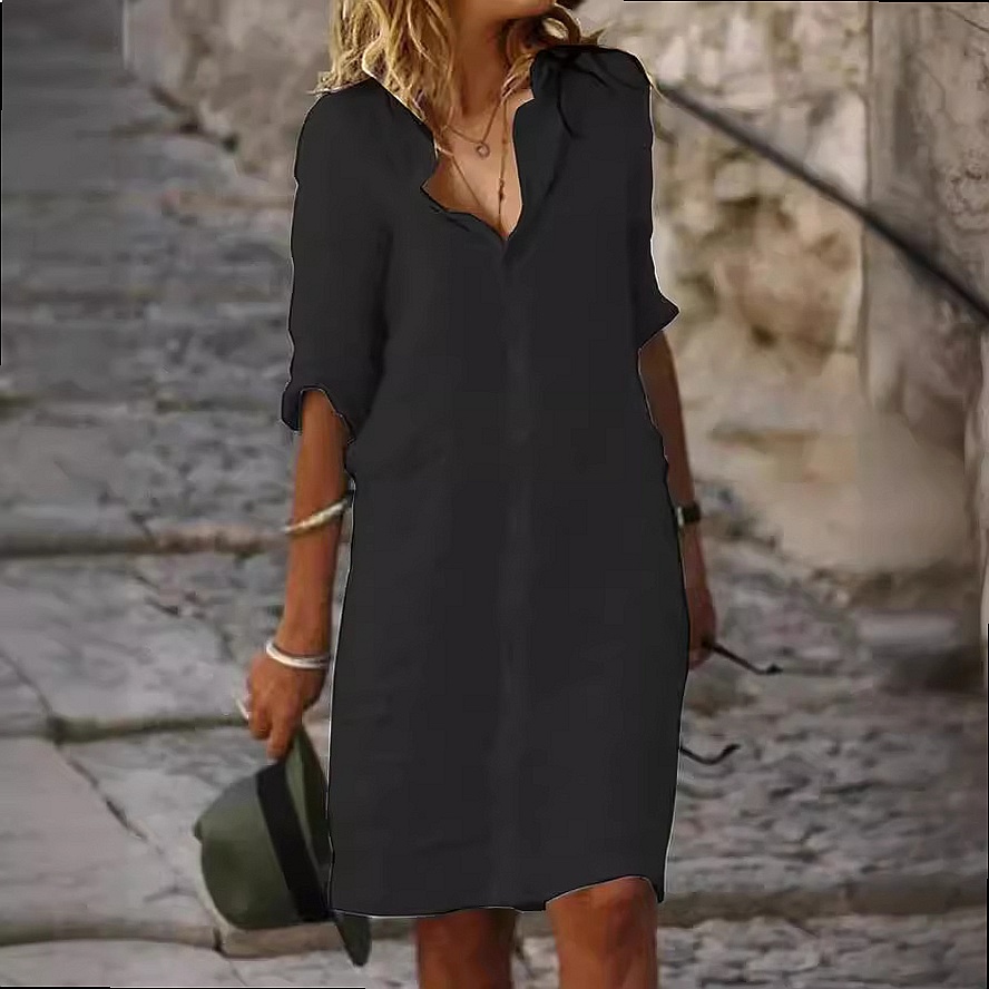 ルーズフィット ボタンダウン ミディシャツドレス コットンリ - Casual Loose Linen Shirt Dress のレビューと価格
