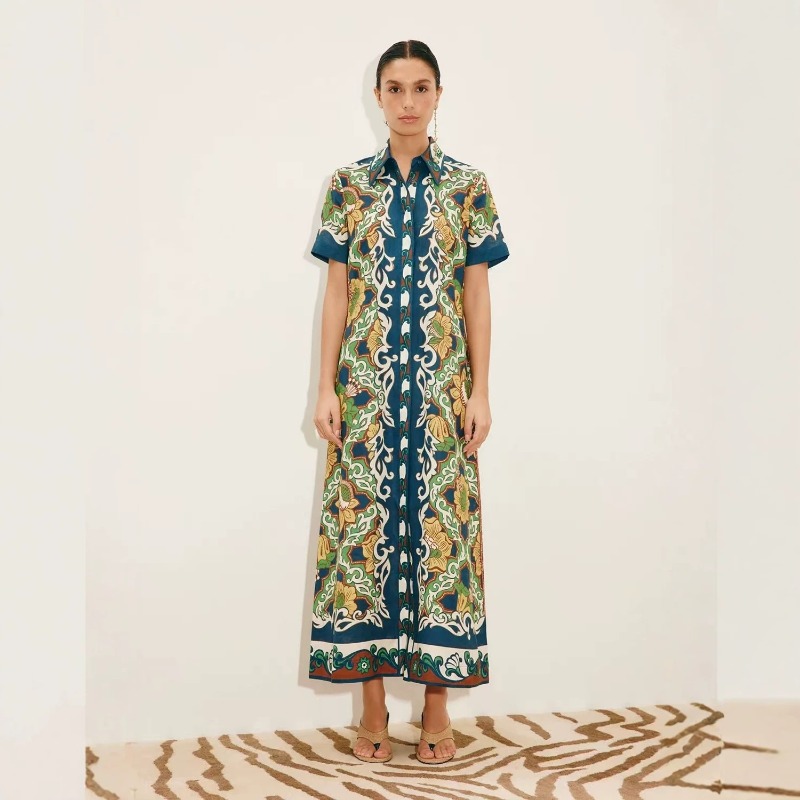 2026年秋新作オリジナルトレンドレディースリネン花柄プリン - Casual Loose Linen Shirt Dress のレビューと価格