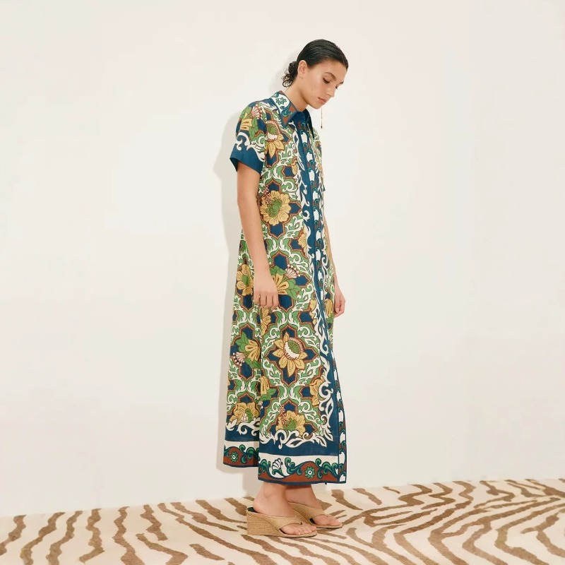 2026年秋新作オリジナルトレンドレディースリネン花柄プリン - Casual Loose Linen Shirt Dress のレビューと価格