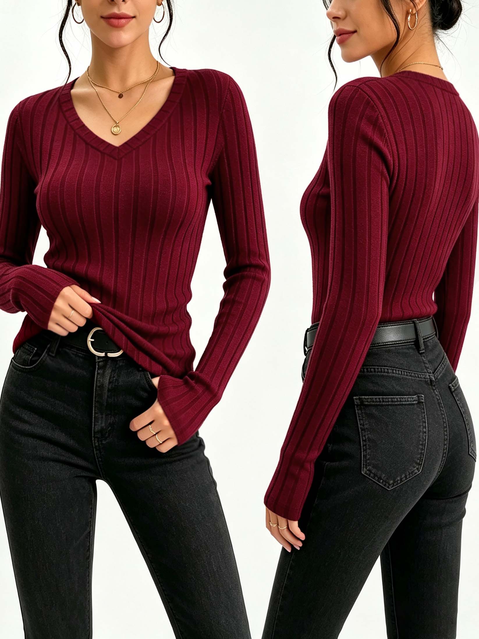 レディース無地Vネックリブニットトップ、スリムフィットストレ - Blouses のレビューと価格
