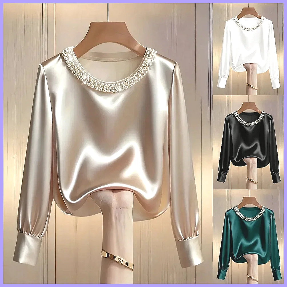エレガントなビーズ付きサテンブラウス、女性用、ゆったりとした - Blouses のレビューと価格
