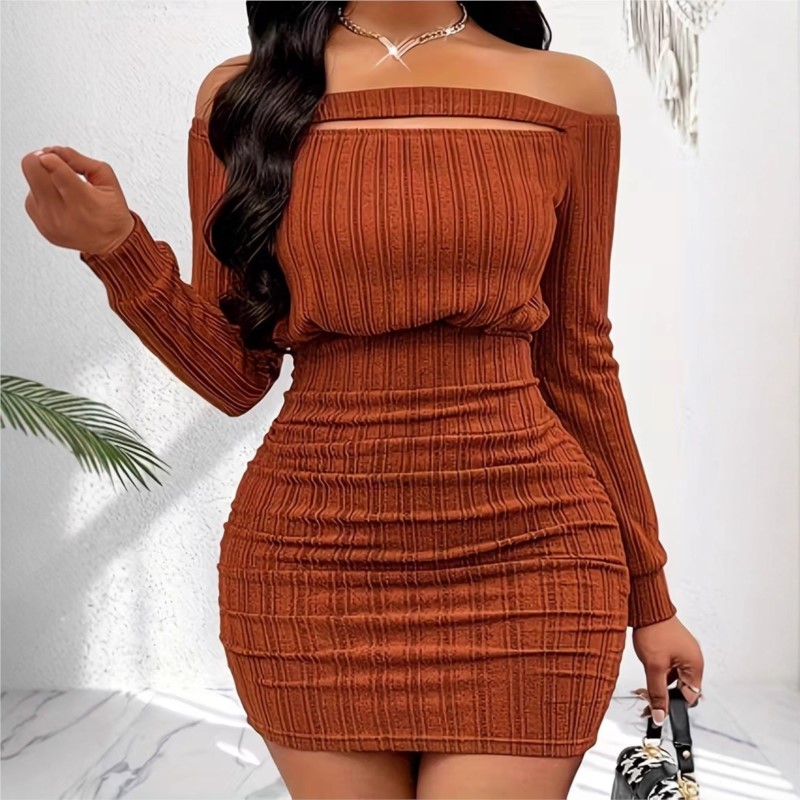 女性のファッションドレス春秋エレガントなオフショルダーリブセ - Bodycon Long Sleeve Ribbed Dress のレビューと価格