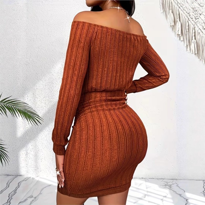 女性のファッションドレス春秋エレガントなオフショルダーリブセ - Bodycon Long Sleeve Ribbed Dress のレビューと価格