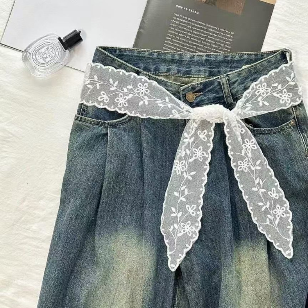 甘い白いレースベルト女性用ジーンズスカートリボンスカーフタイ - Jeans のレビューと価格