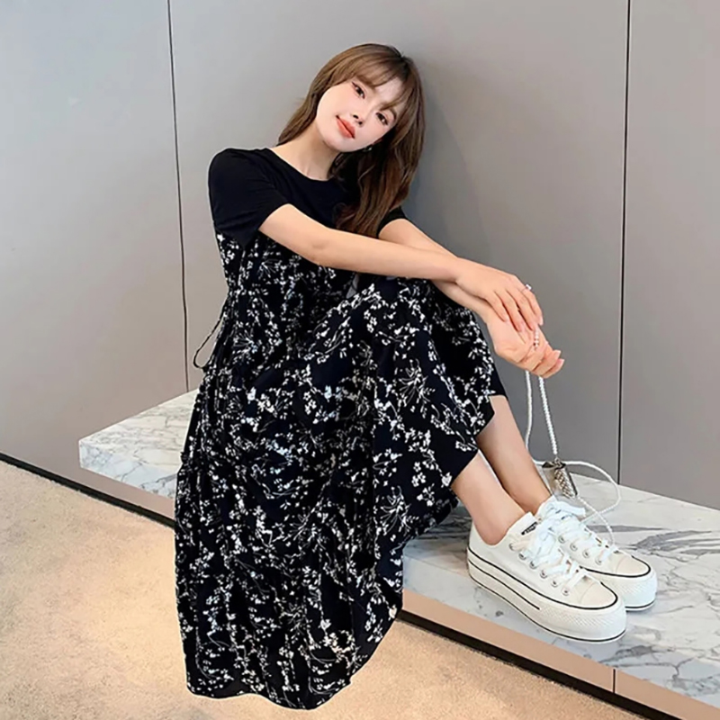 女性用ミドル丈フローラルプリントTシャツドレス,韓国スタイル - Korean Style A Line Shirt Dress のレビューと価格