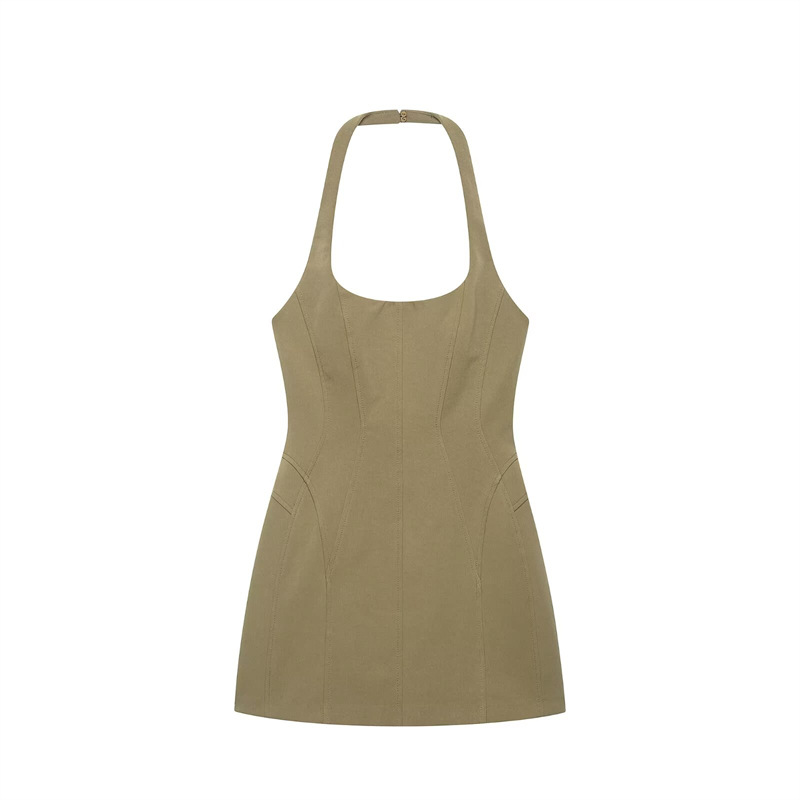 レディース ヴィンテージ カーキ ホルターネック ミニドレス - Y2K Backless Halter Mini Dress のレビューと価格