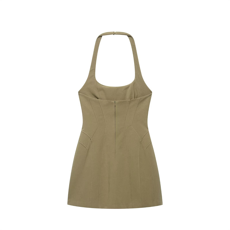 レディース ヴィンテージ カーキ ホルターネック ミニドレス - Y2K Backless Halter Mini Dress のレビューと価格