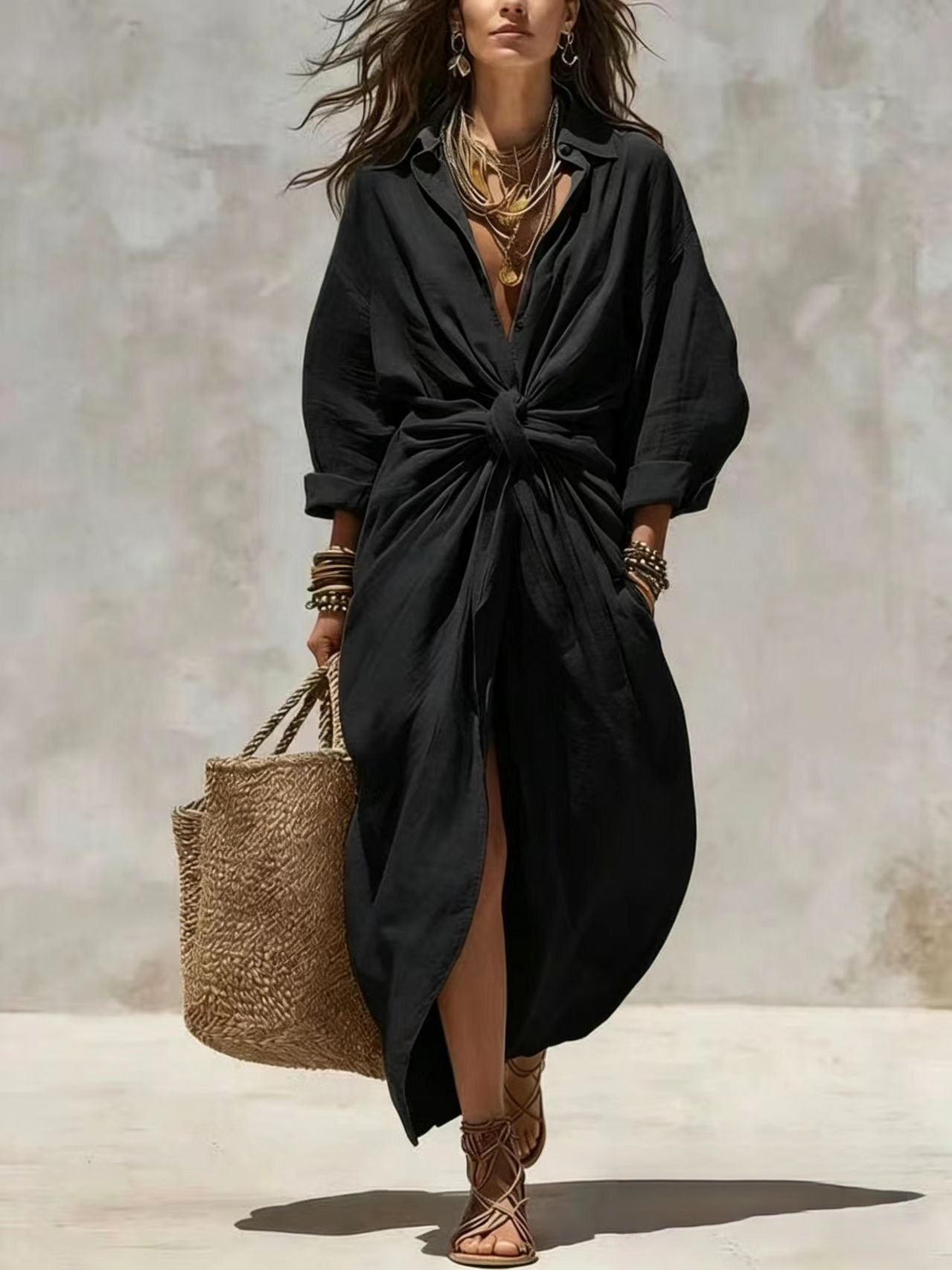 ボヘミアン風ホワイトリネンコットンシャツワンピース 長袖 ハ - Casual Loose Linen Shirt Dress のレビューと価格