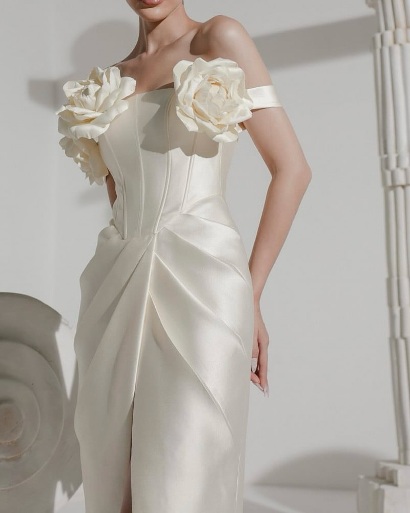 QRカスタムメイド シースオフショルダー フラワー スプリッ - Elegant Satin Evening Gown Split のレビューと価格