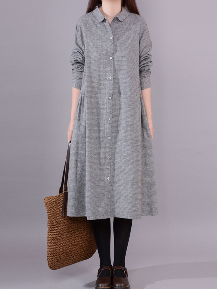 女性の長袖コットンリネンチェック柄シャツドレス非対称ルーズウ - Korean Style A Line Shirt Dress のレビューと価格