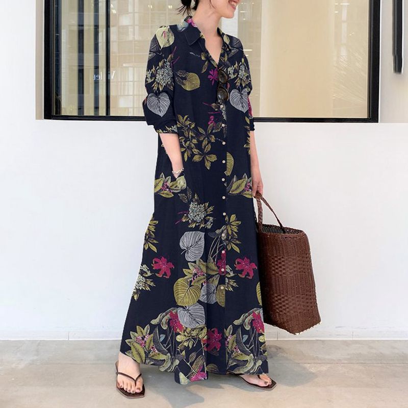 秋の新作プラスサイズカジュアルコットンリネンドレス5XL 6 - Casual Loose Linen Shirt Dress のレビューと価格