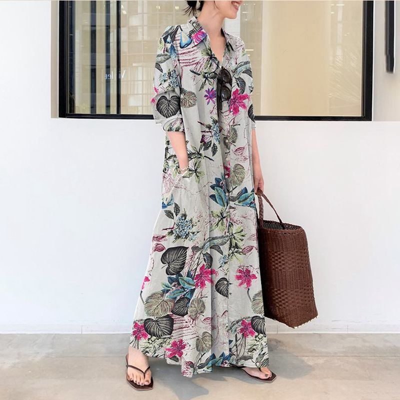 秋の新作プラスサイズカジュアルコットンリネンドレス5XL 6 - Casual Loose Linen Shirt Dress のレビューと価格