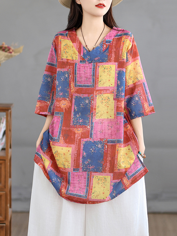 カジュアルなリネンプリントトップス ヴィンテージ風ルーズVネ - Casual Loose Linen Shirt Dress のレビューと価格