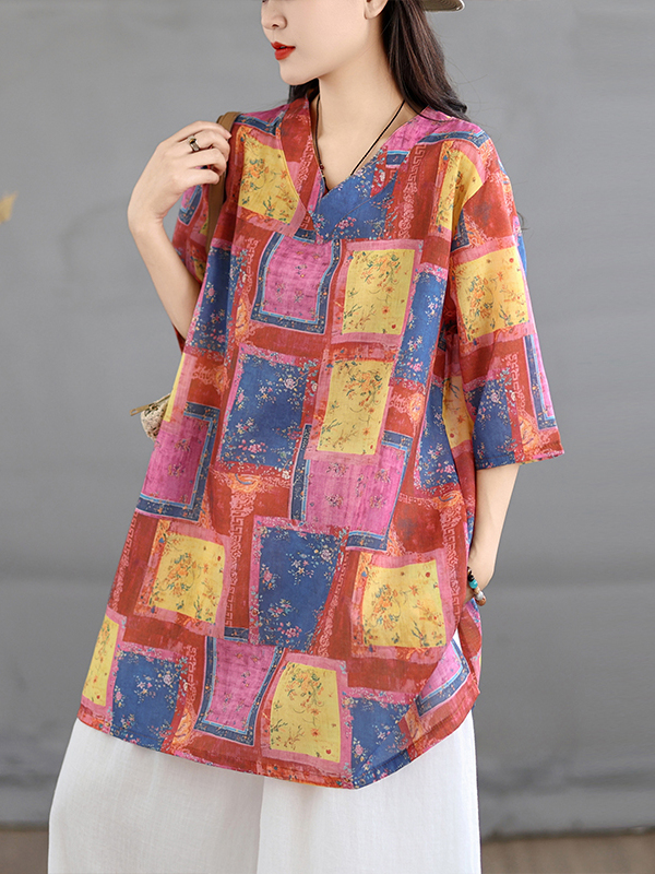 カジュアルなリネンプリントトップス ヴィンテージ風ルーズVネ - Casual Loose Linen Shirt Dress のレビューと価格